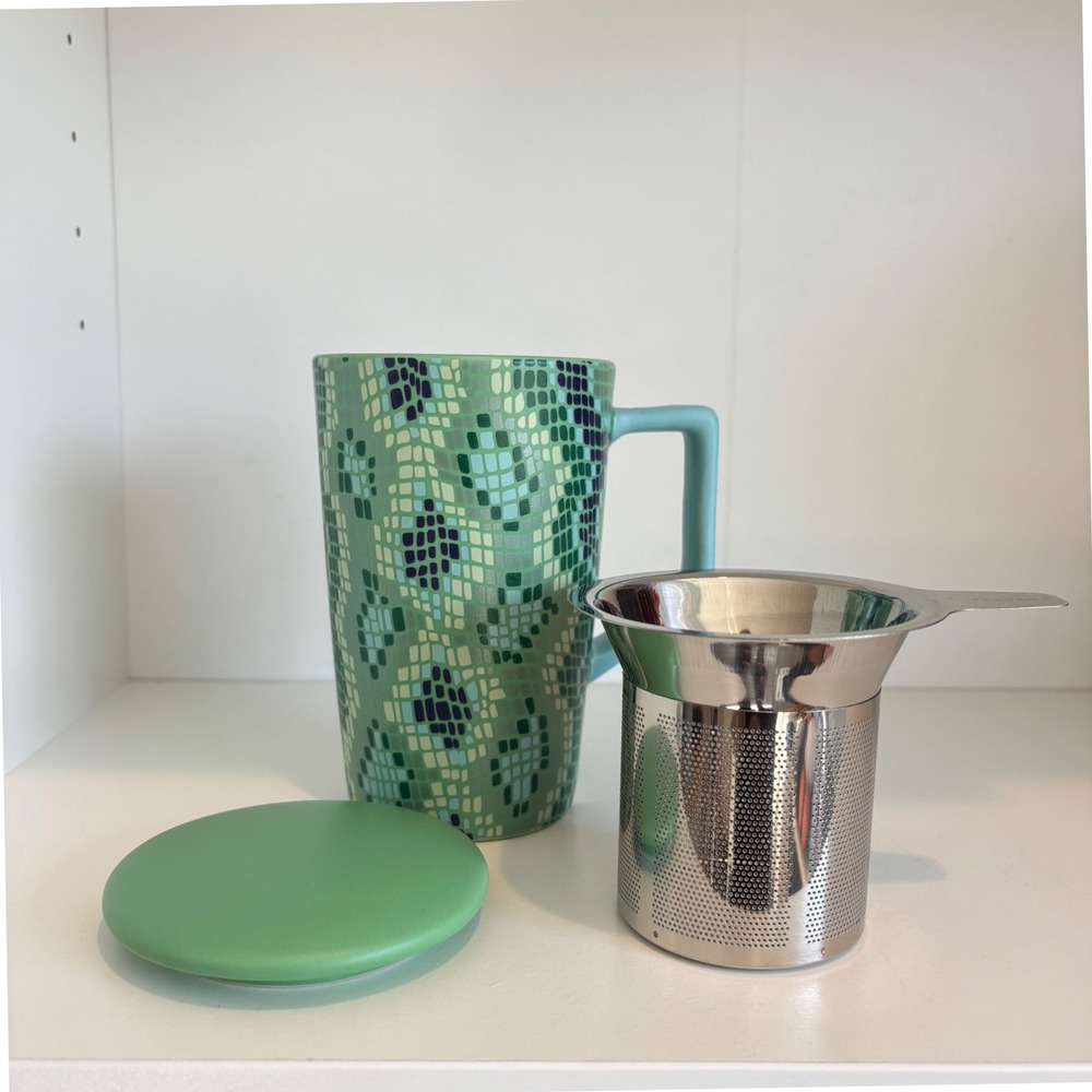 Teavana Green Mosaic Stoneware Tea Mug with Infuser and Lid 12oz 2016 Complete